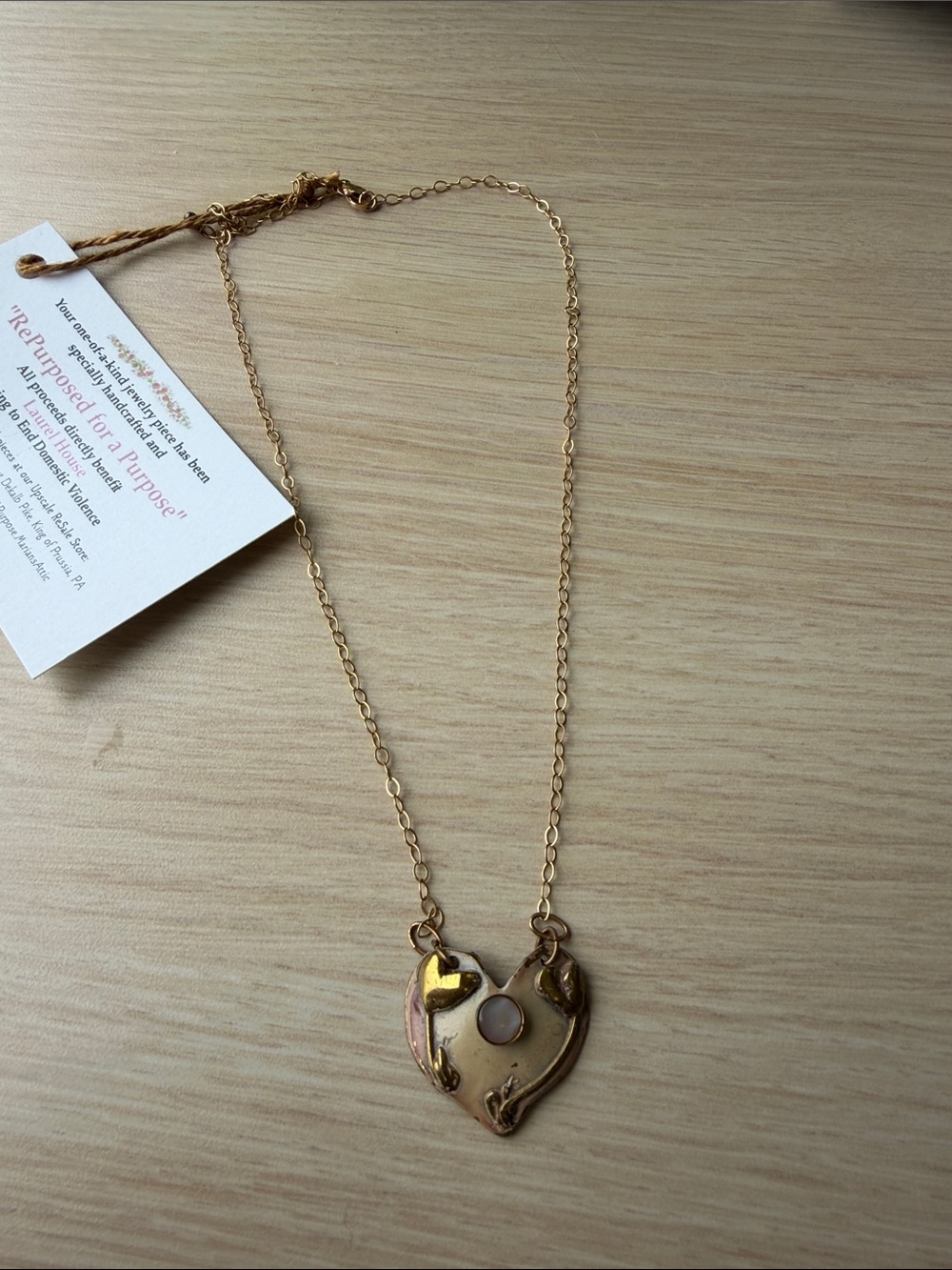 Handcrafted Gold-Tone Heart Pendant Necklace -14k, 925, Stamped Metals Artisan - Picture 5 of 6